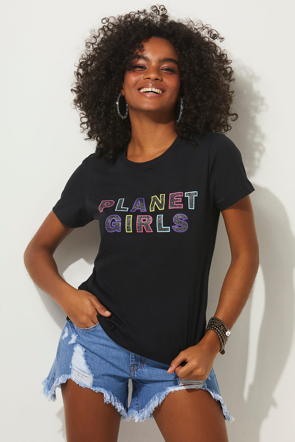 T-shirt logo summer fashion planet girls preto PP