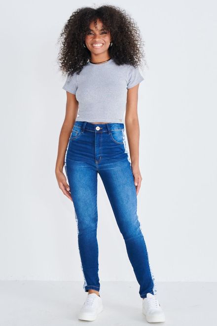 Calça Feminina Skinny Fit Jeans Corte Vazado Cintura Alta Moda - Azul Claro