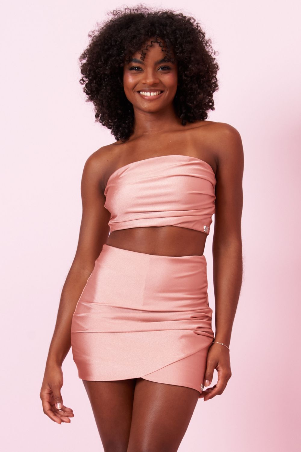 Conjunto Cropped e Saia Drapeados Up Glam Planet Girls Rosa