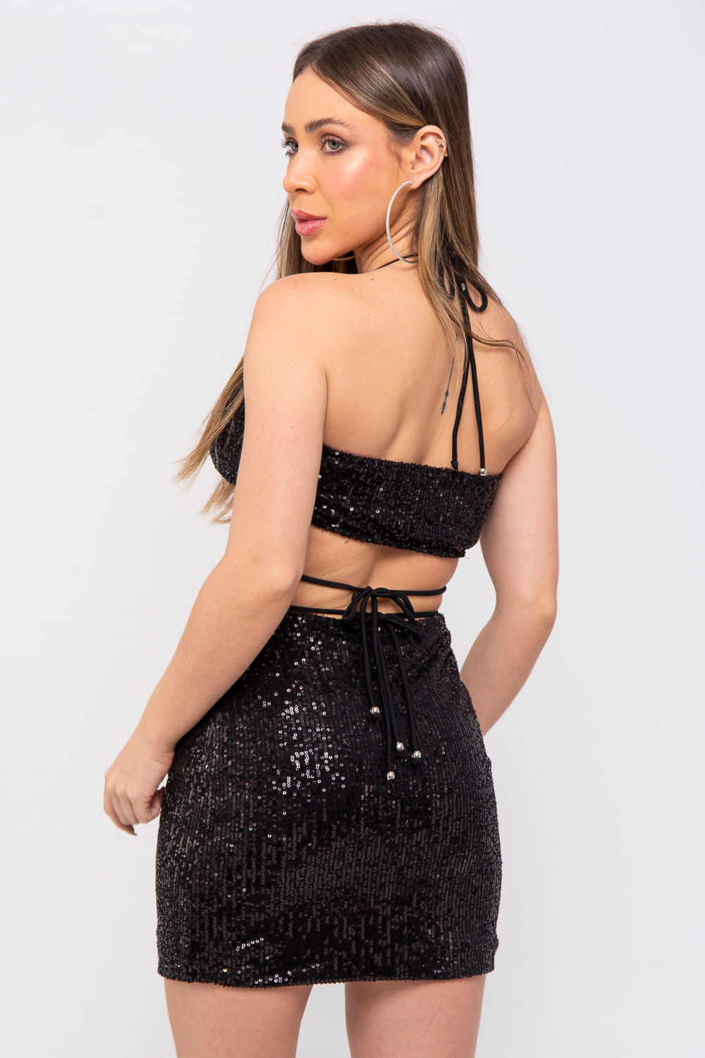 Vestido Curto Paetê Ross Amarração Planet Girls Preto 2