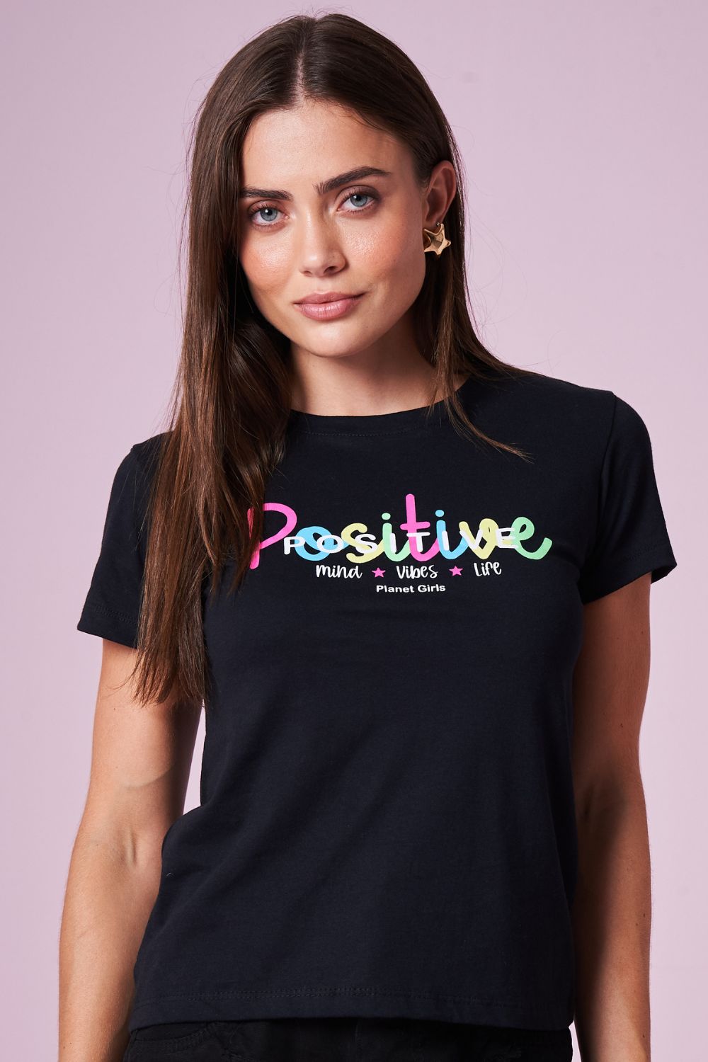 Camiseta Feminina Estampa Positive Planet Girls Preto