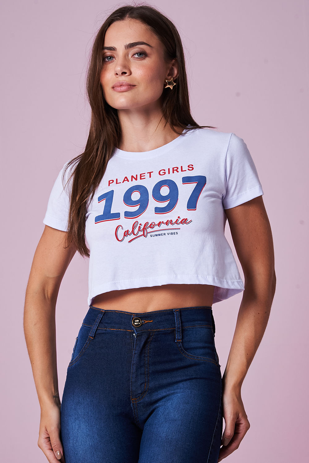 Camiseta Cropped Feminina Estampada Planet Girls Branco
