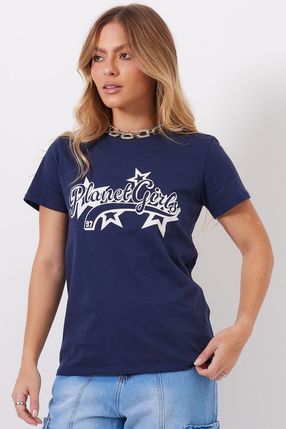 T-Shirt Feminina Estampada Planet Girls Azul Escuro