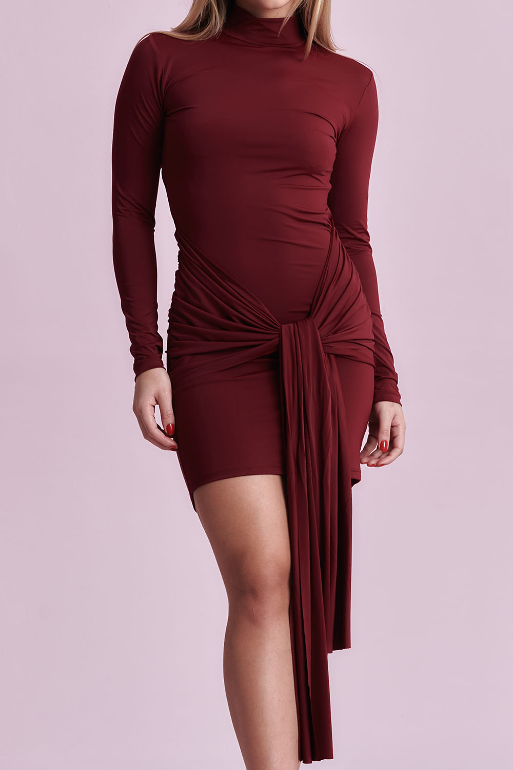 Vestido Curto Gola Alta Detalhe Nó Planet Girls Vinho 3