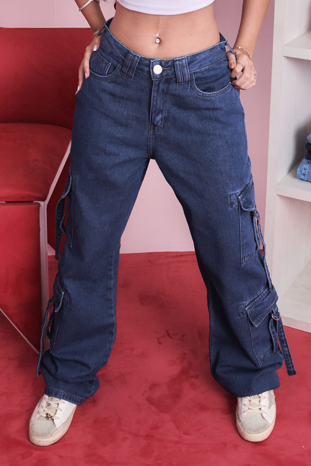 Calça Feminina Cargo Com Fivelas Planet Girls Jeans Escuro 3