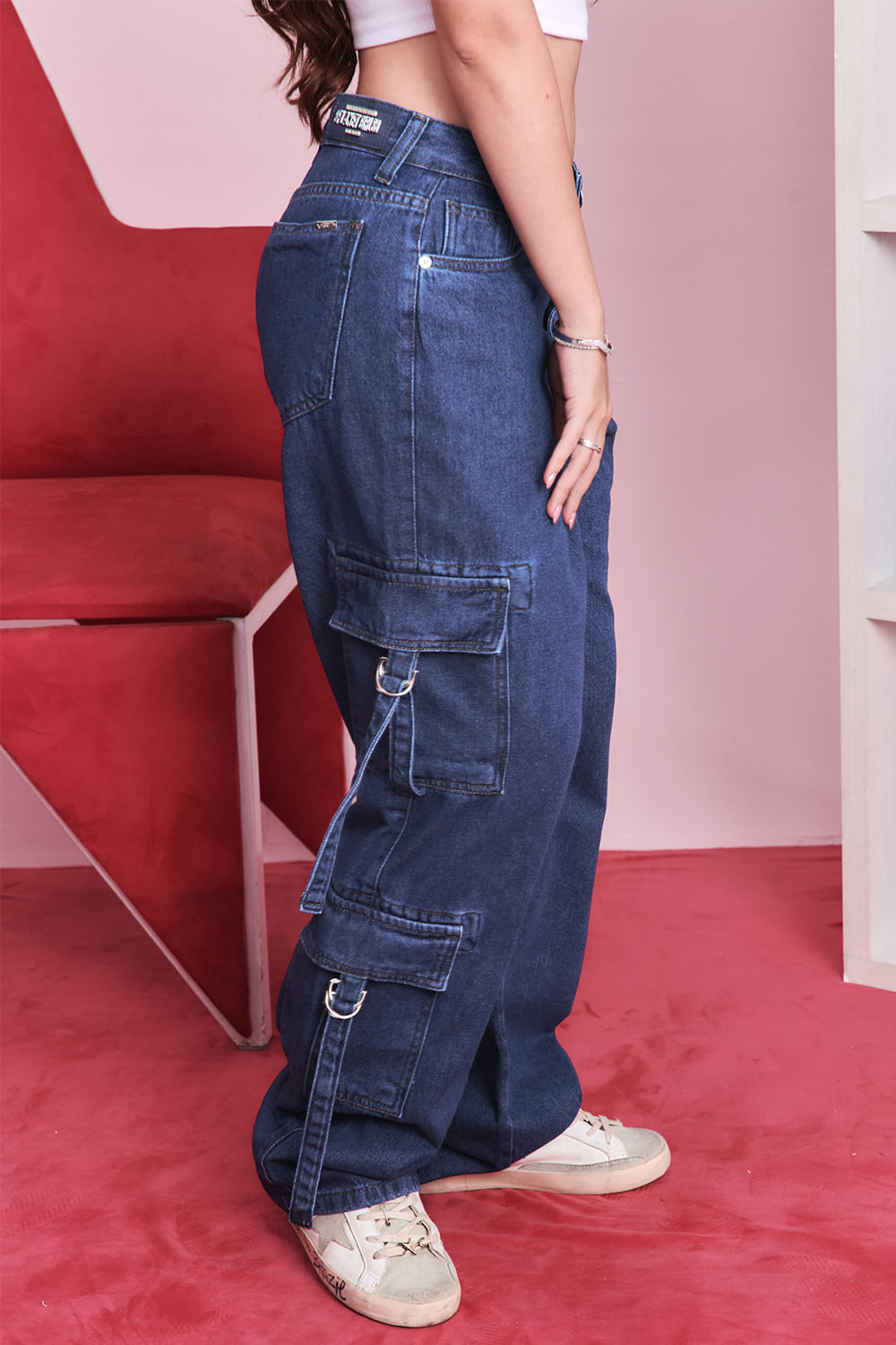 Calça Feminina Cargo Com Fivelas Planet Girls Jeans Escuro 4