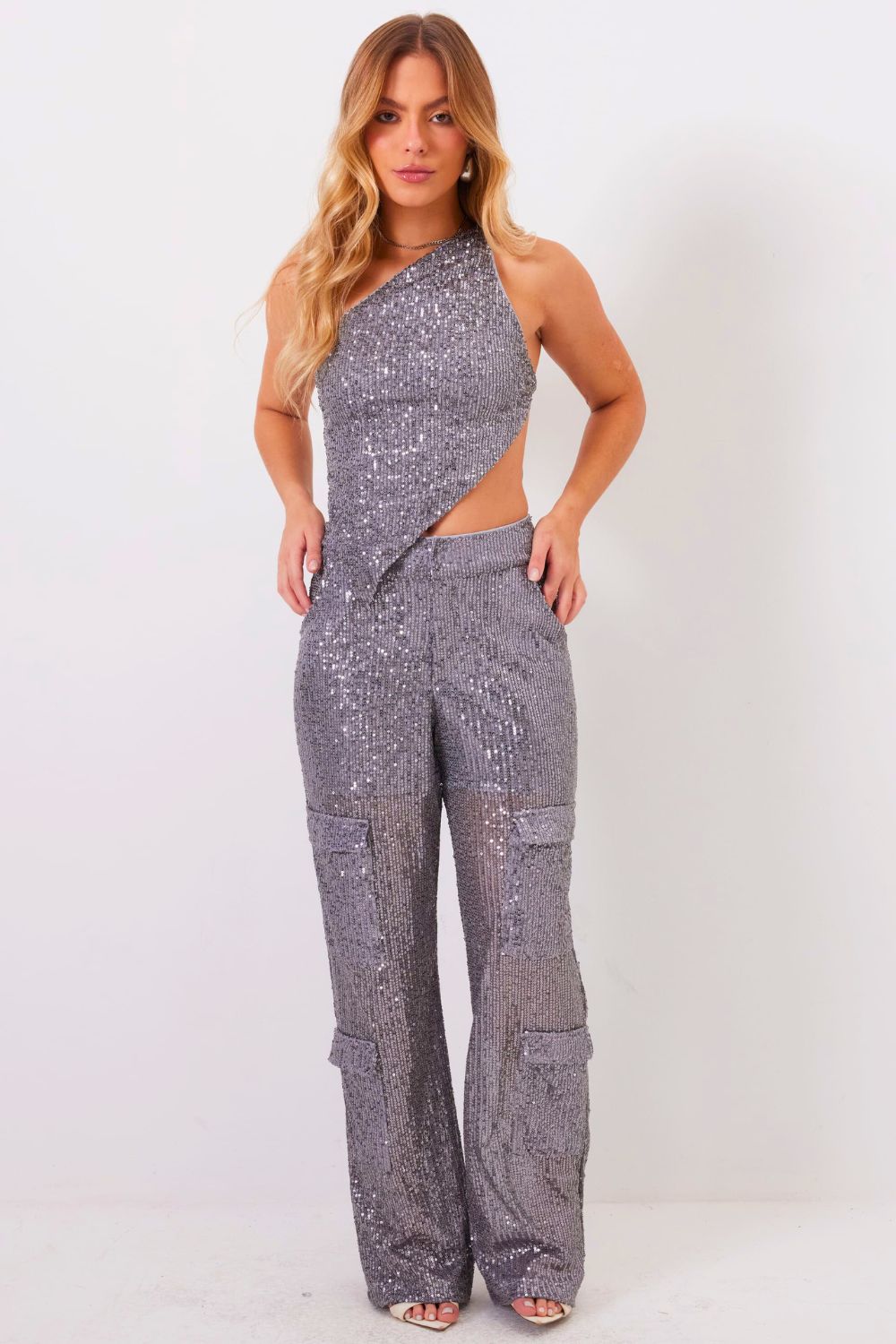 Conjunto Top e Calça Paetê Feminino Planet Girls Cinza