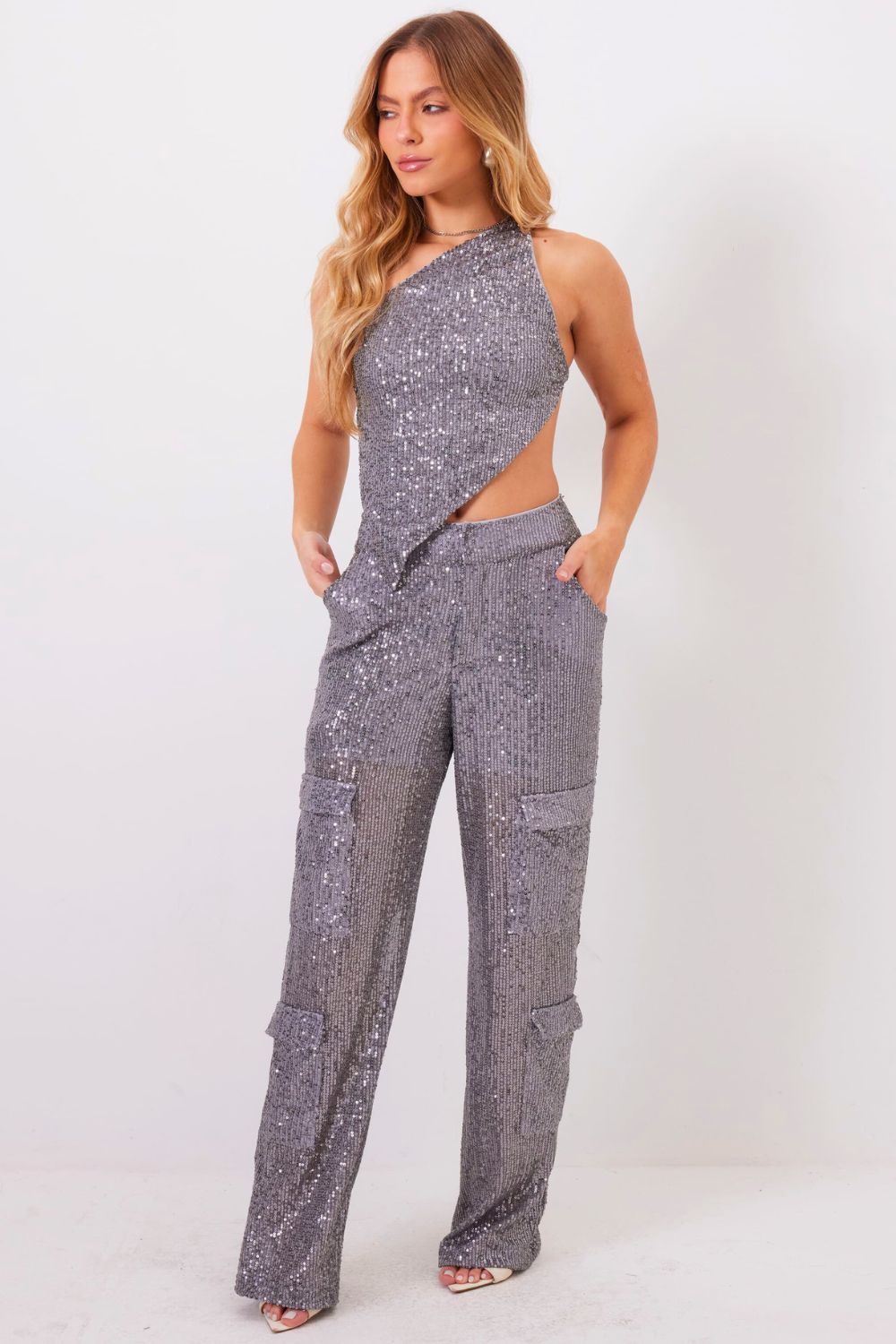 Conjunto Top e Calça Paetê Feminino Planet Girls Cinza 5
