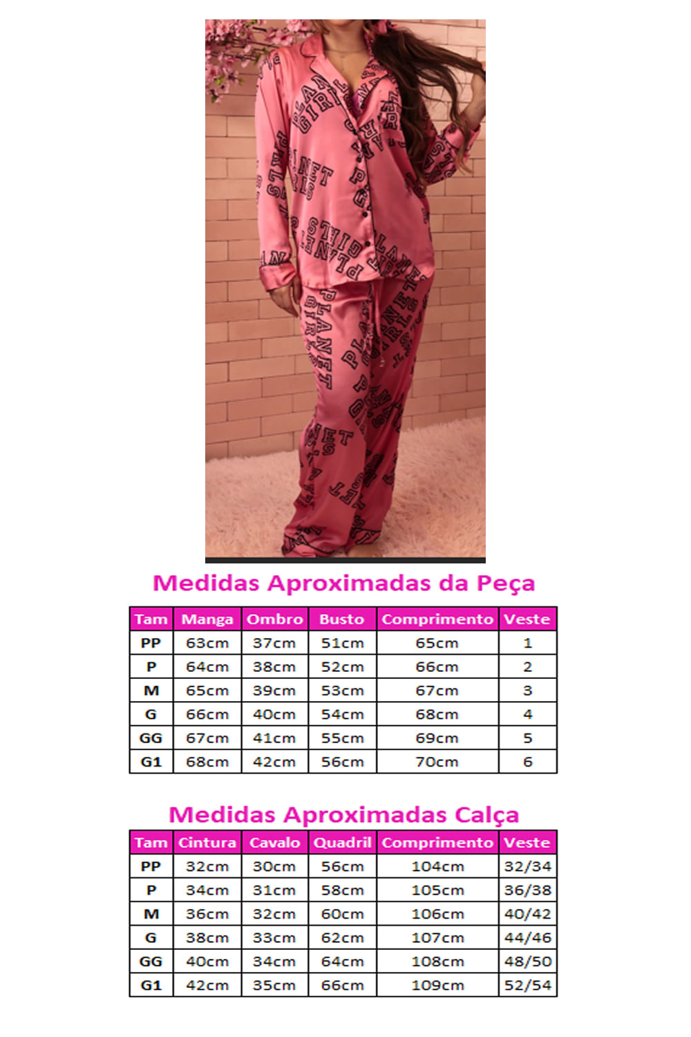 Conjunto Pijama Longo Feminino Estampado Planet Girls Rosa 4