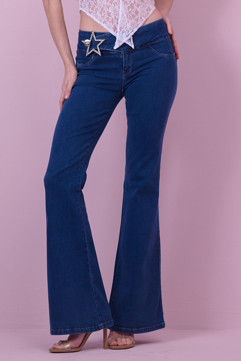 Calça Flare Com Aplique de Estrela Planet Girls Jeans Escuro 2